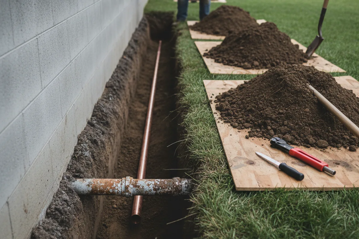Excavated water line trench during Water Softener Installation in Bellport